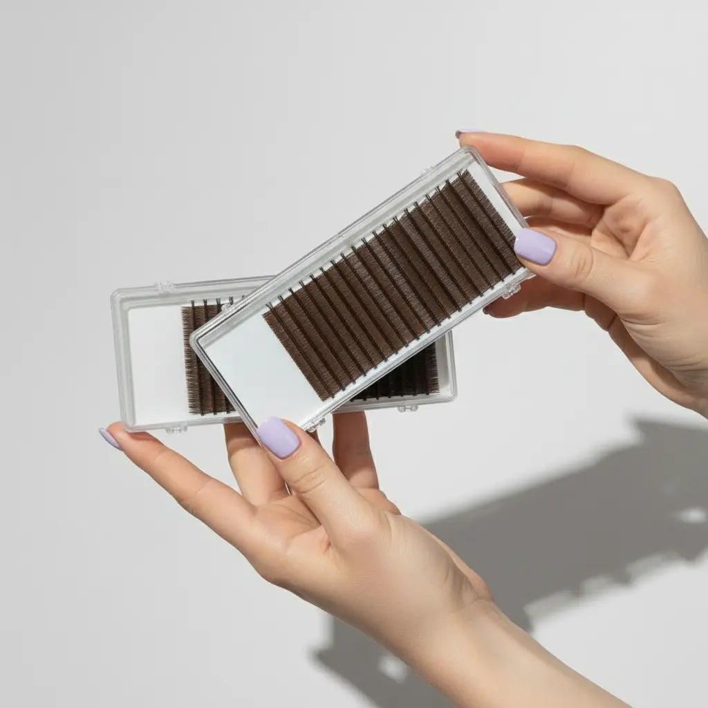Plateaux d'extensions de cils marron tenus par des mains
