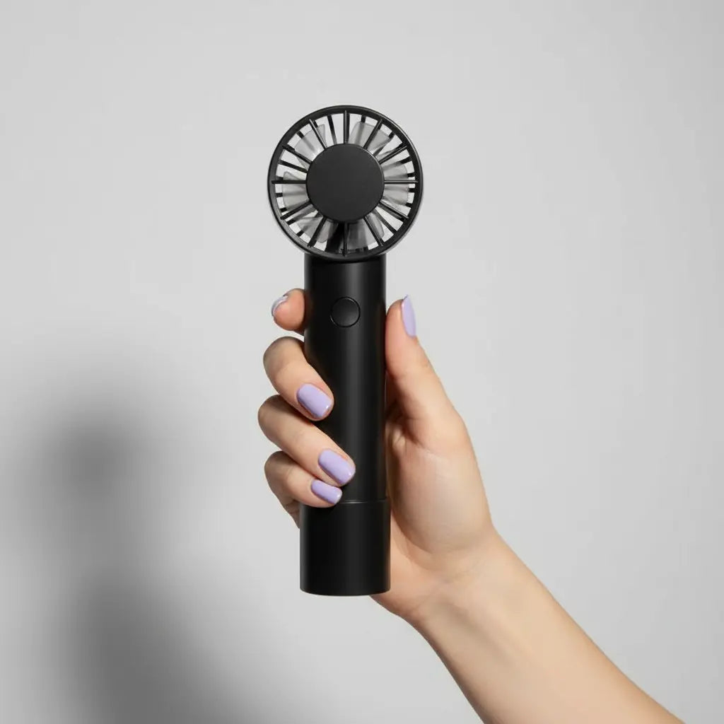 Ventilateur portable noir tenu par une main